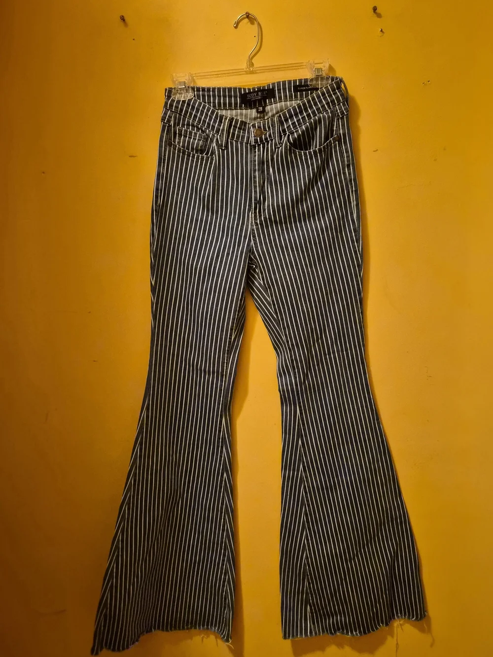 Judy Blue High Waist Super Flare with Pinstripes and a Raw Hem Bellbottoms